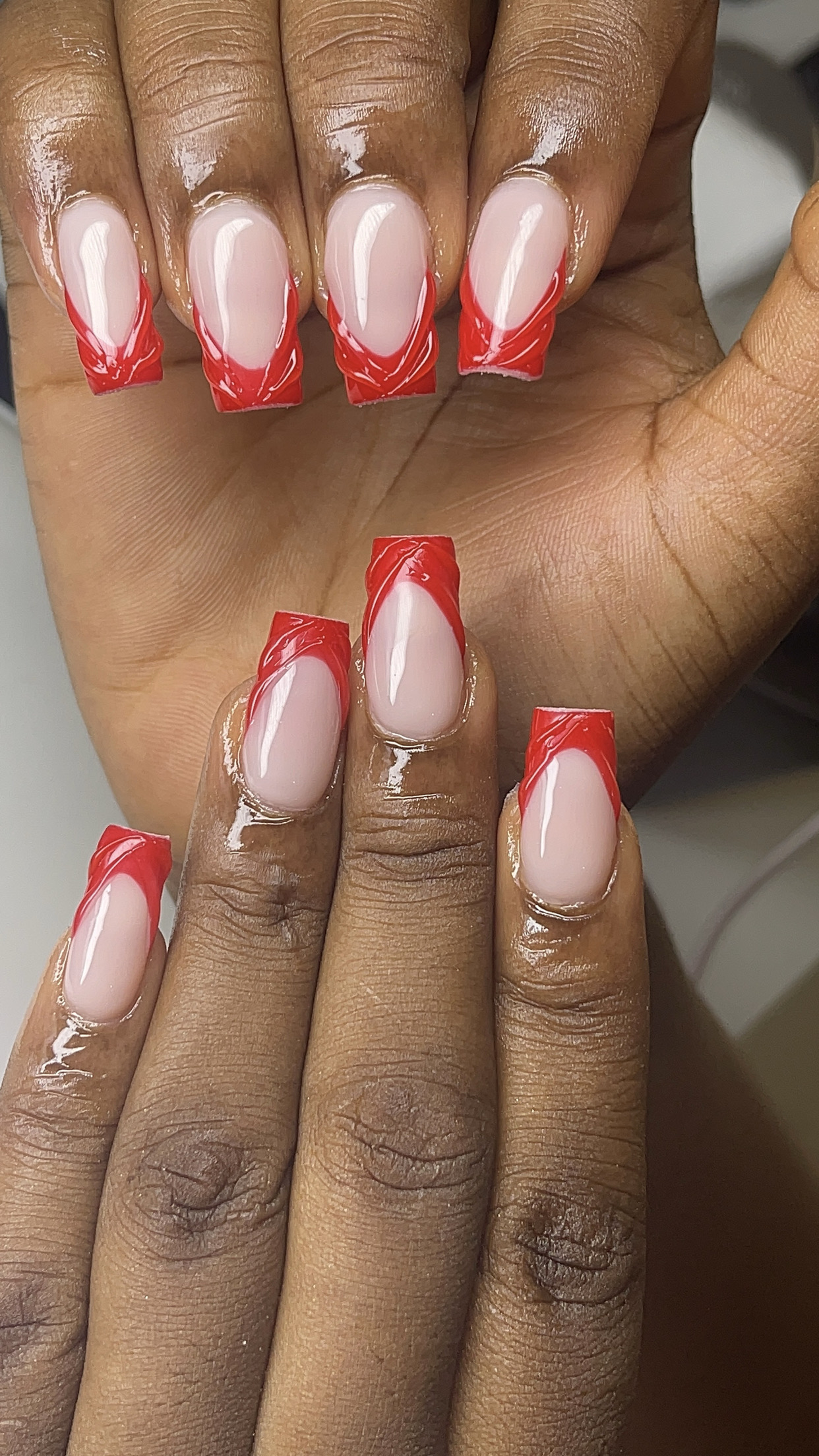 Red French tip acrylic set, long length — Shin Signature Sango, Ibadan
