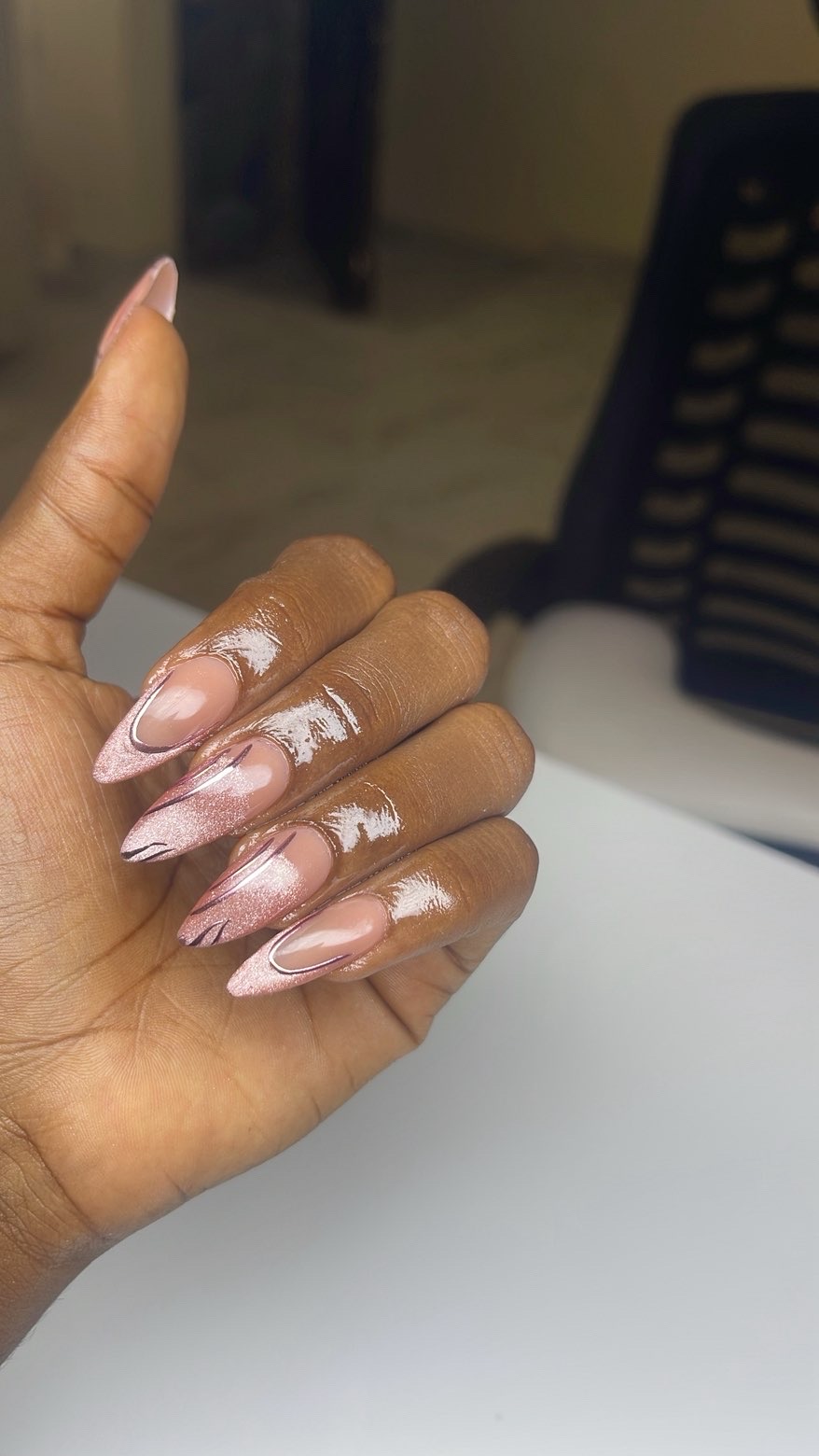 Nude almond gel set with white swirl nail art — Shin Signature Ibadan